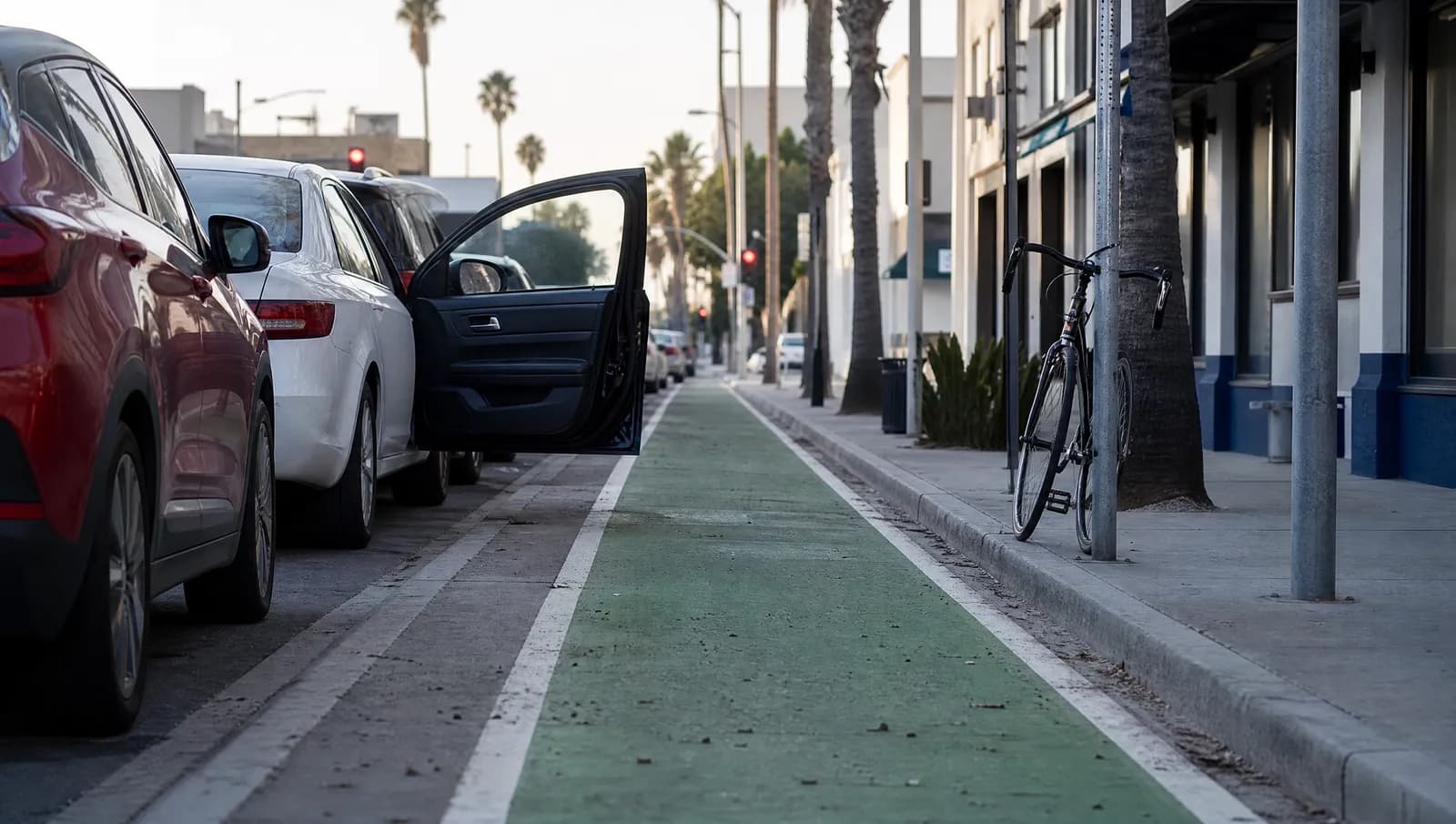 A green bike lane beside parked cars with one car door opened into the lane