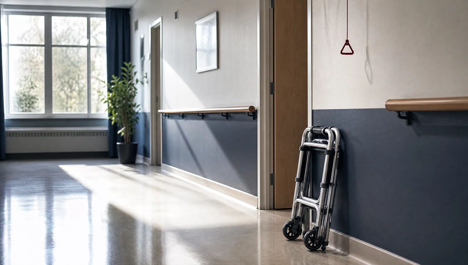 A sunlit care facility hallway with a handrail and a folded walker beside a doorway