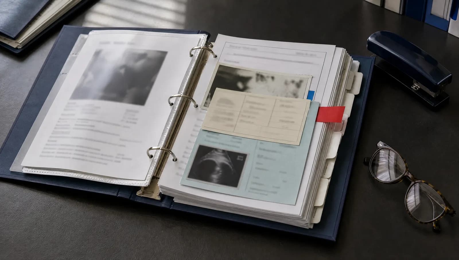 A thick binder of tabbed documents, records, and photographs open on a dark desk