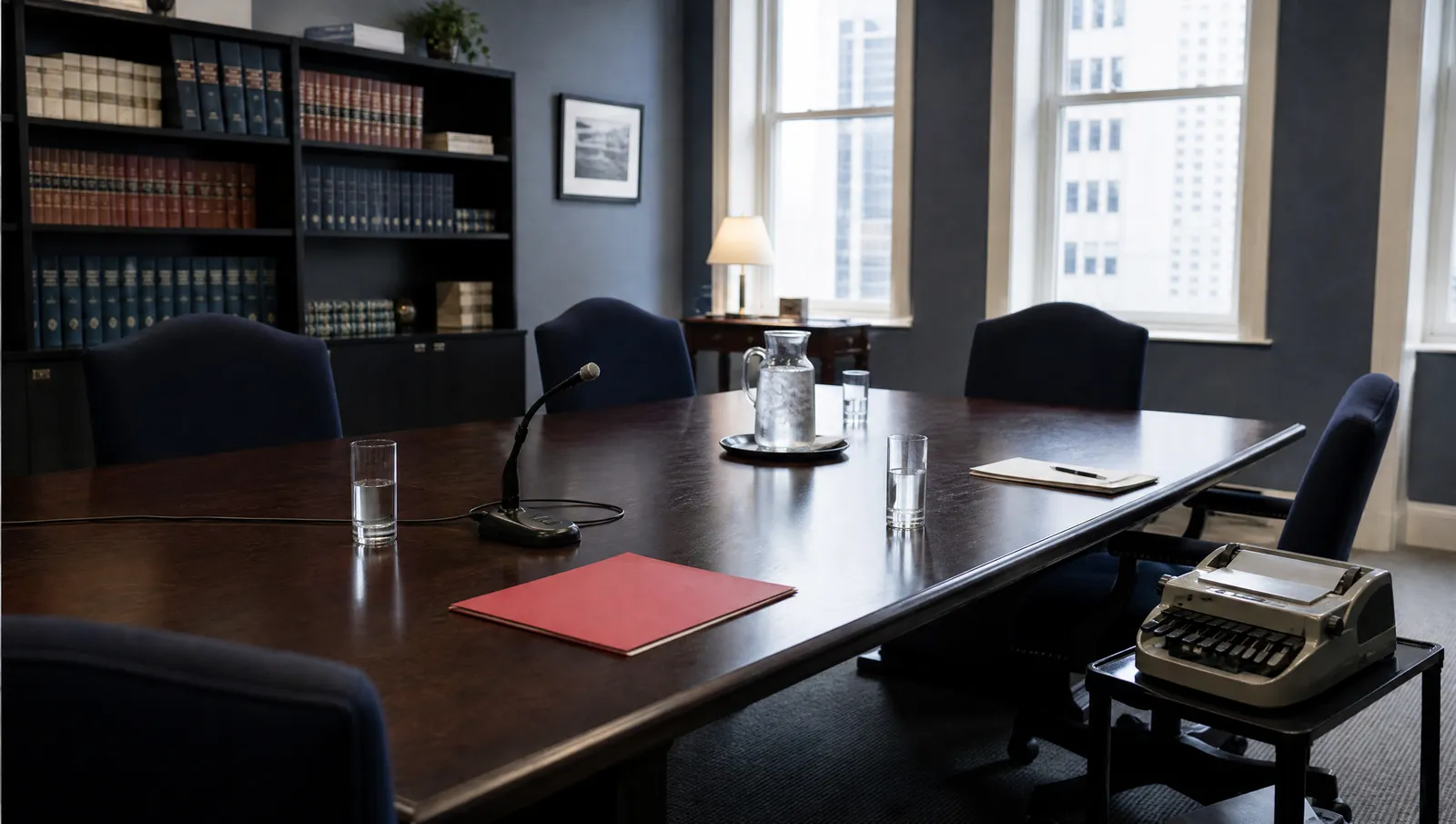 An empty conference room set for a deposition with a microphone and a stenotype machine