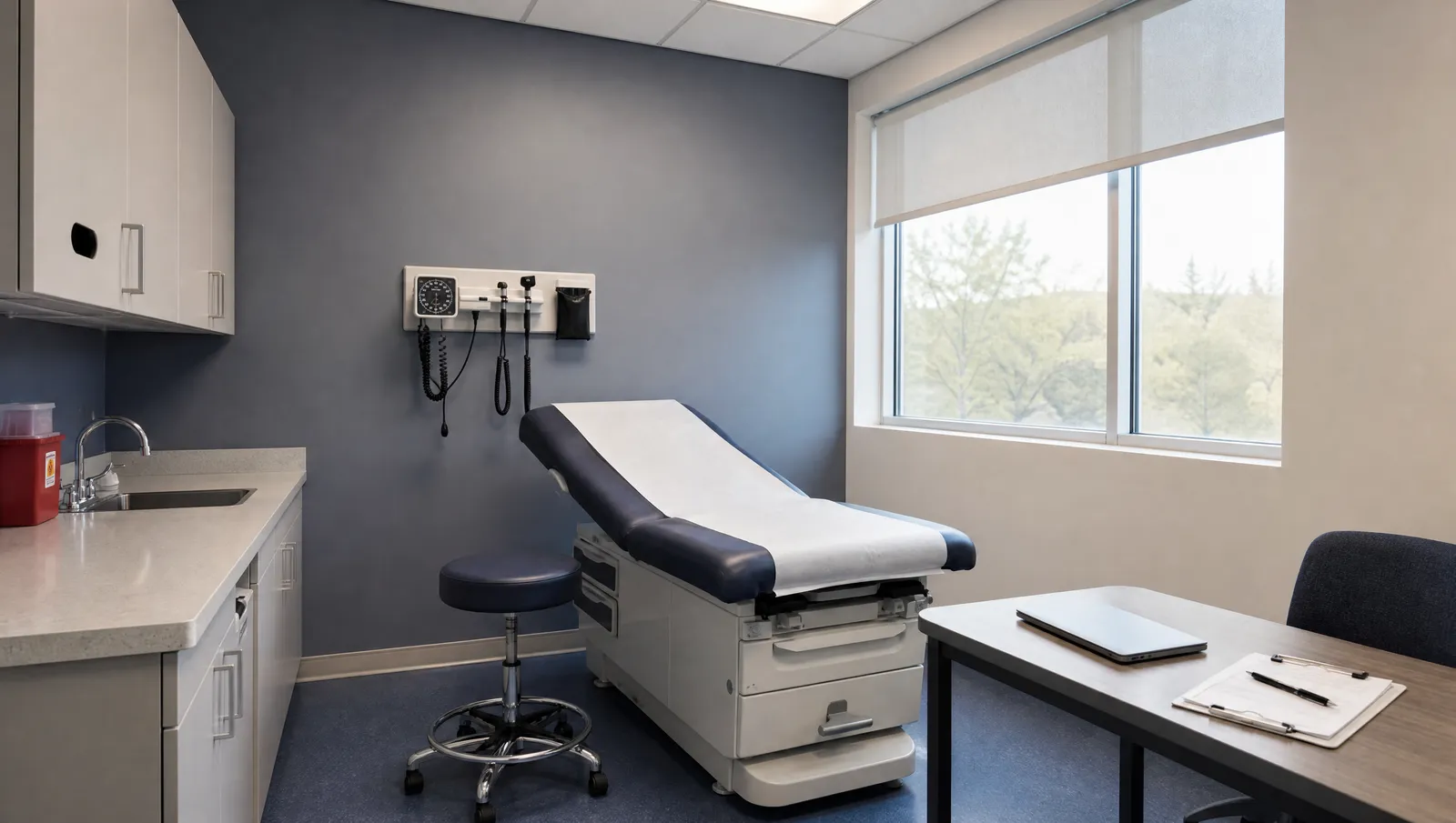 An empty medical examination room with a paper-covered exam table
