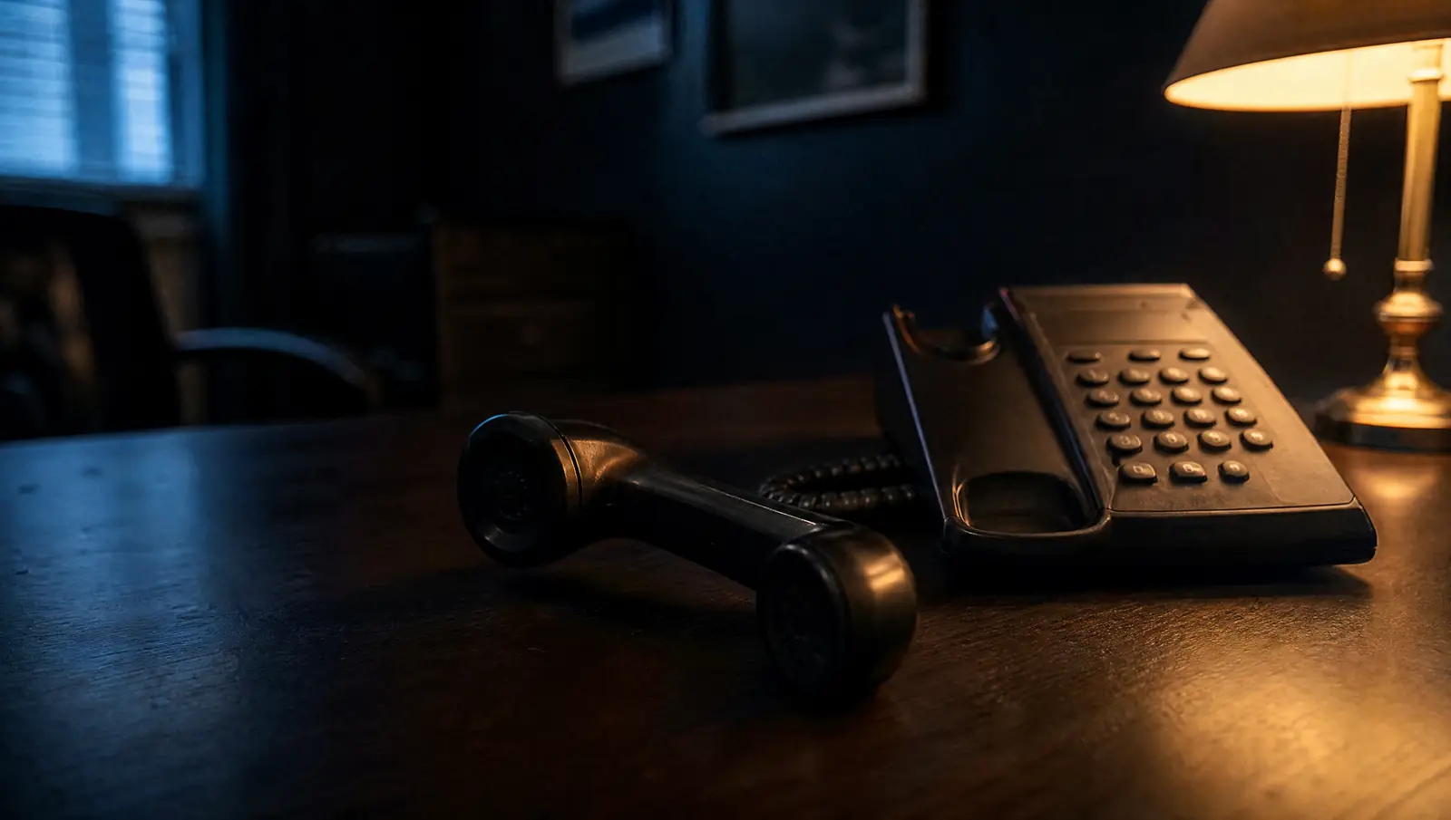 A landline telephone with its handset off the hook rests on a dark desk beside a lit lamp.