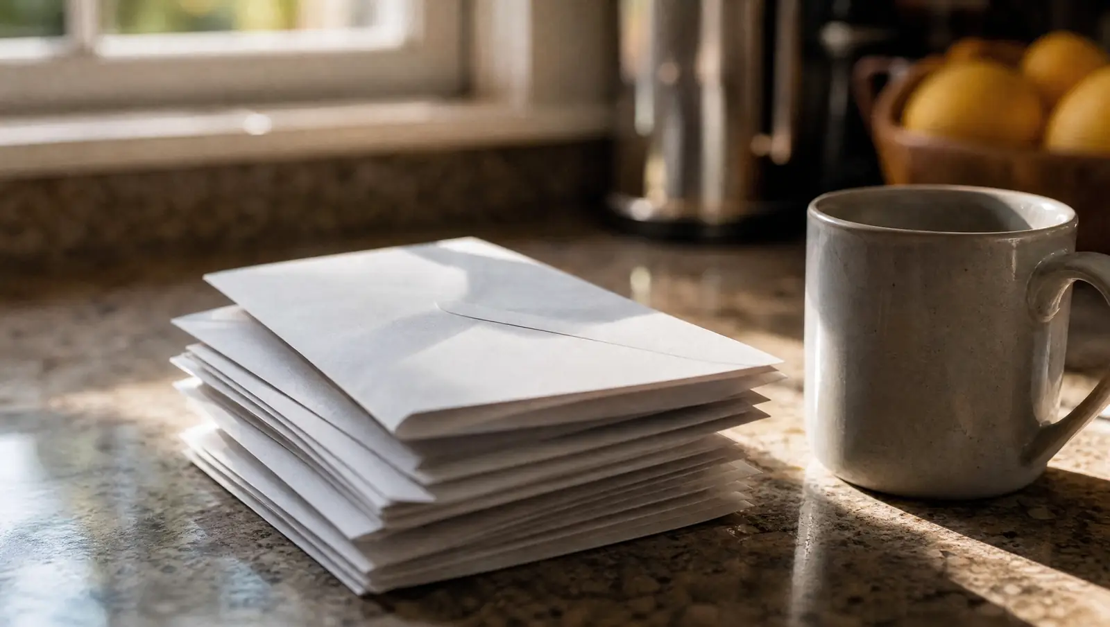 A stack of plain envelopes sits on a kitchen counter beside a mug in early morning light.