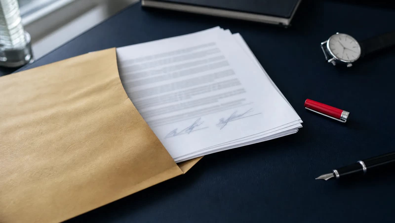 A signed agreement being slid into a manila envelope on a dark desk