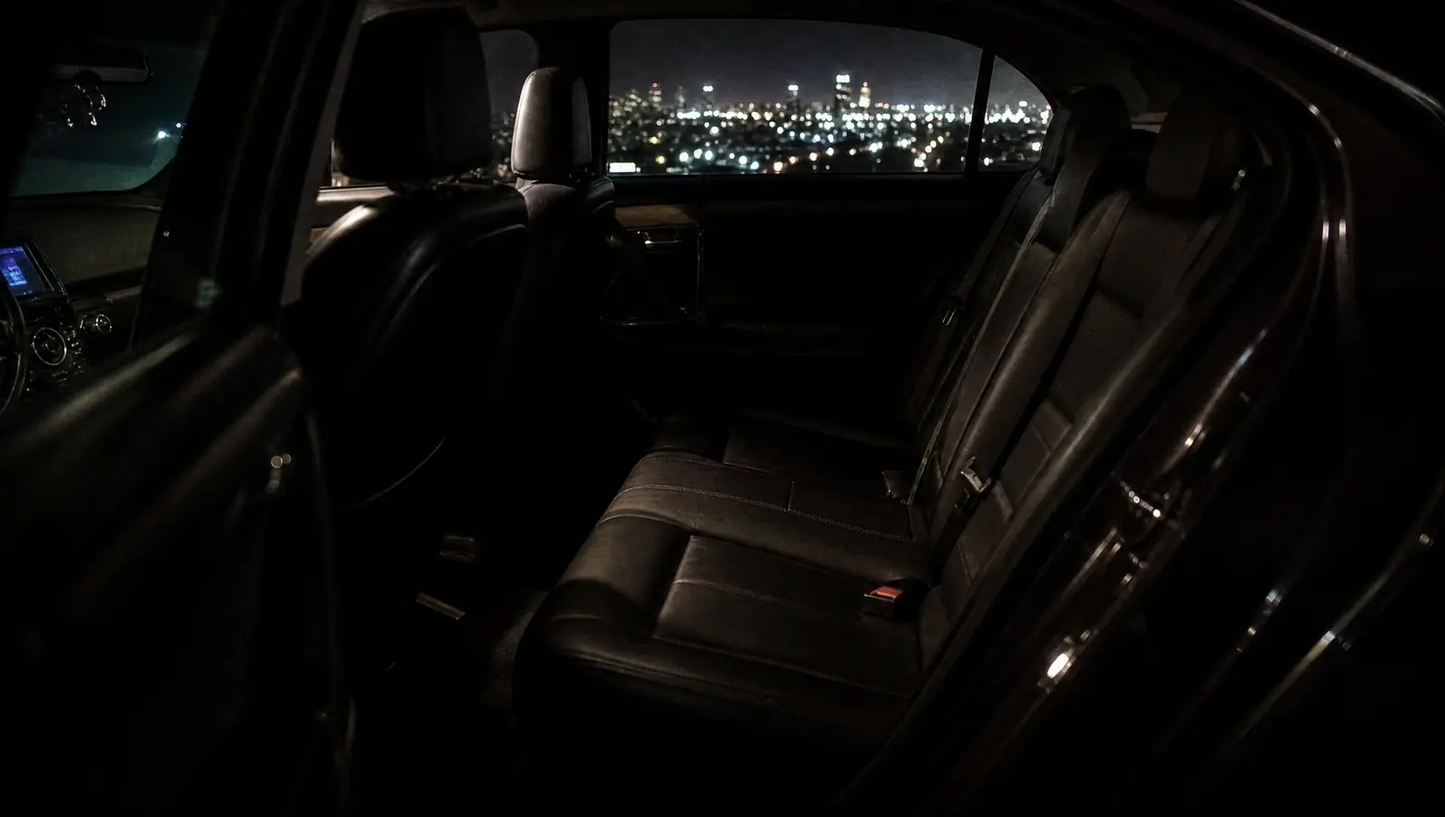The empty back seat of a sedan at night with Los Angeles city lights through the window.