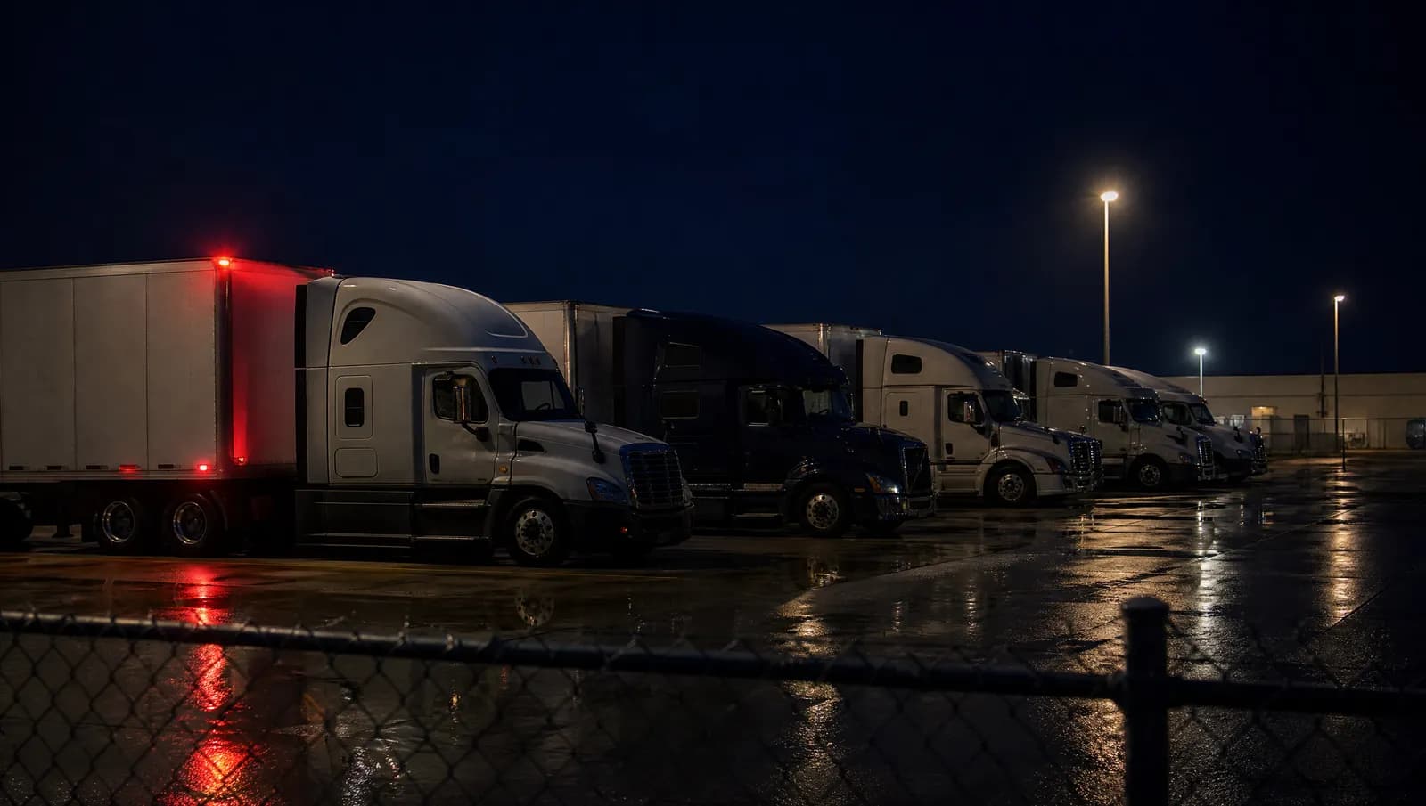 Semi-truck tractors and trailers parked in a freight yard at night under sodium lights