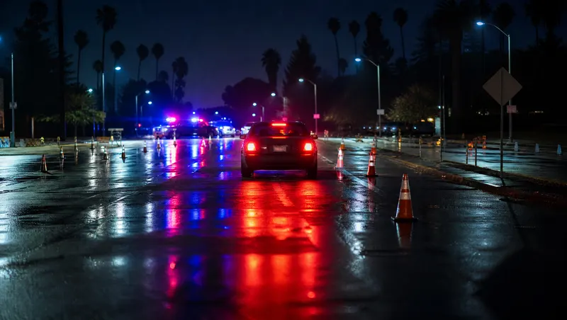 A wet Los Angeles boulevard at night with brake lights and a police light bar glowing in the distance