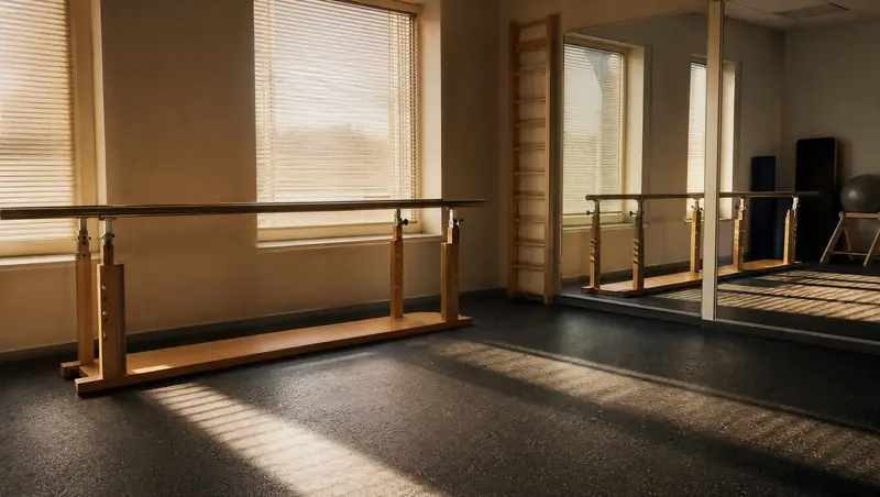 Wooden parallel bars stand in an empty physical therapy room as morning light falls through the window blinds.