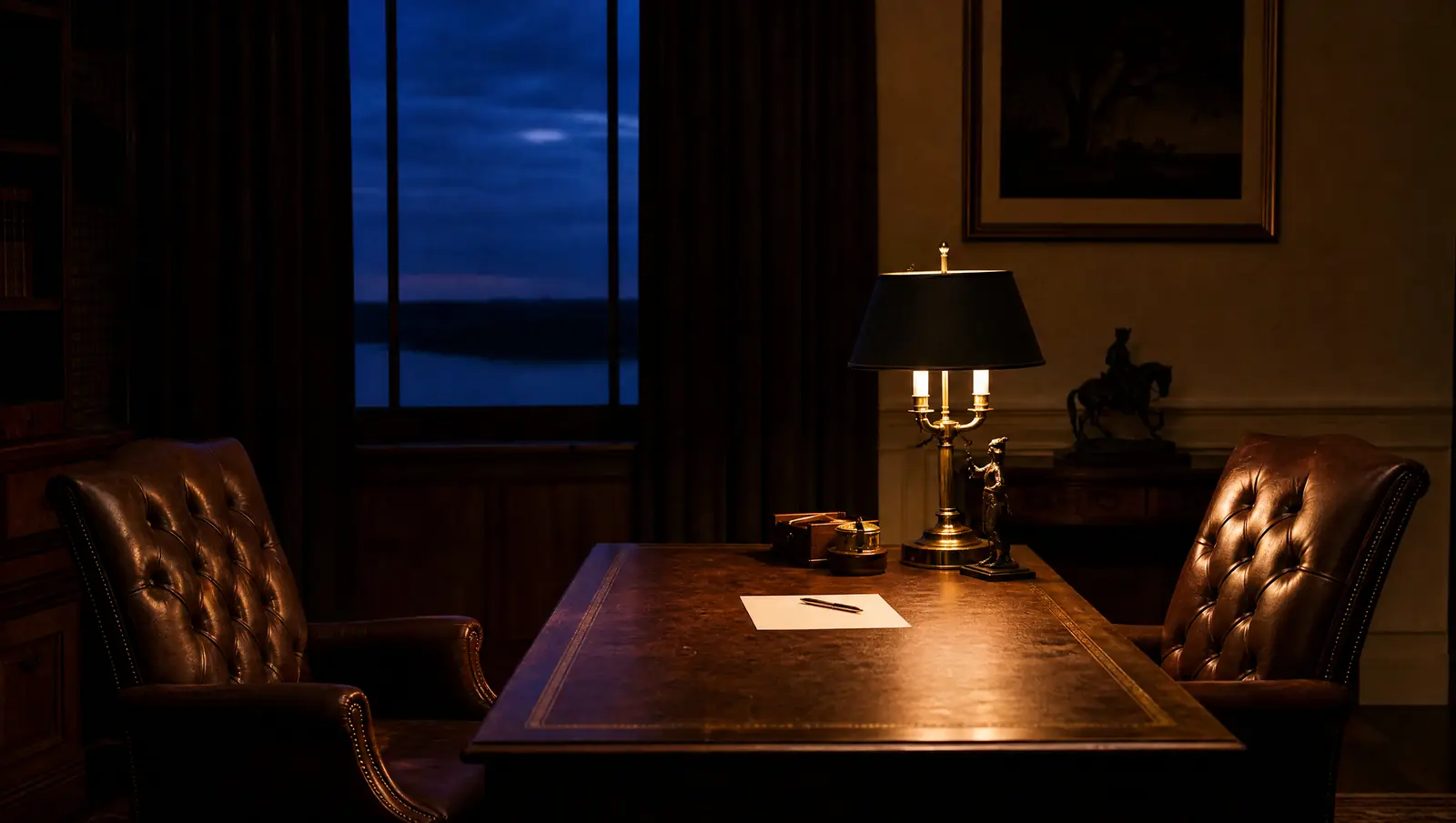 Two leather chairs face each other across a wooden desk holding a single sheet of paper, a pen, and a lit lamp at dusk.