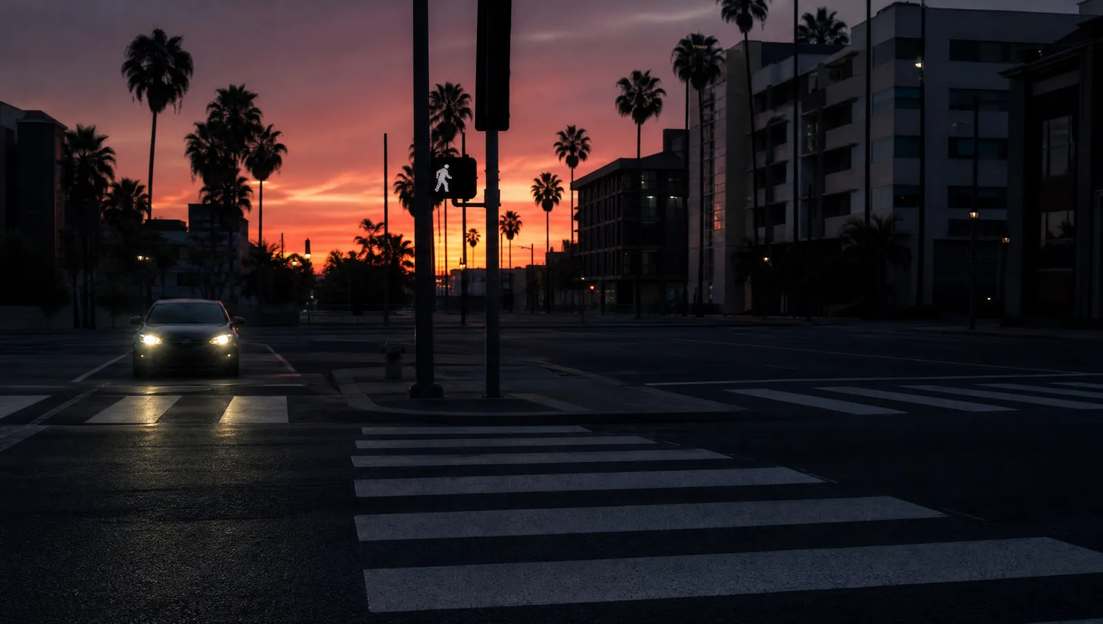 An empty marked crosswalk at a wide Los Angeles intersection at dusk with a car waiting at the stop line