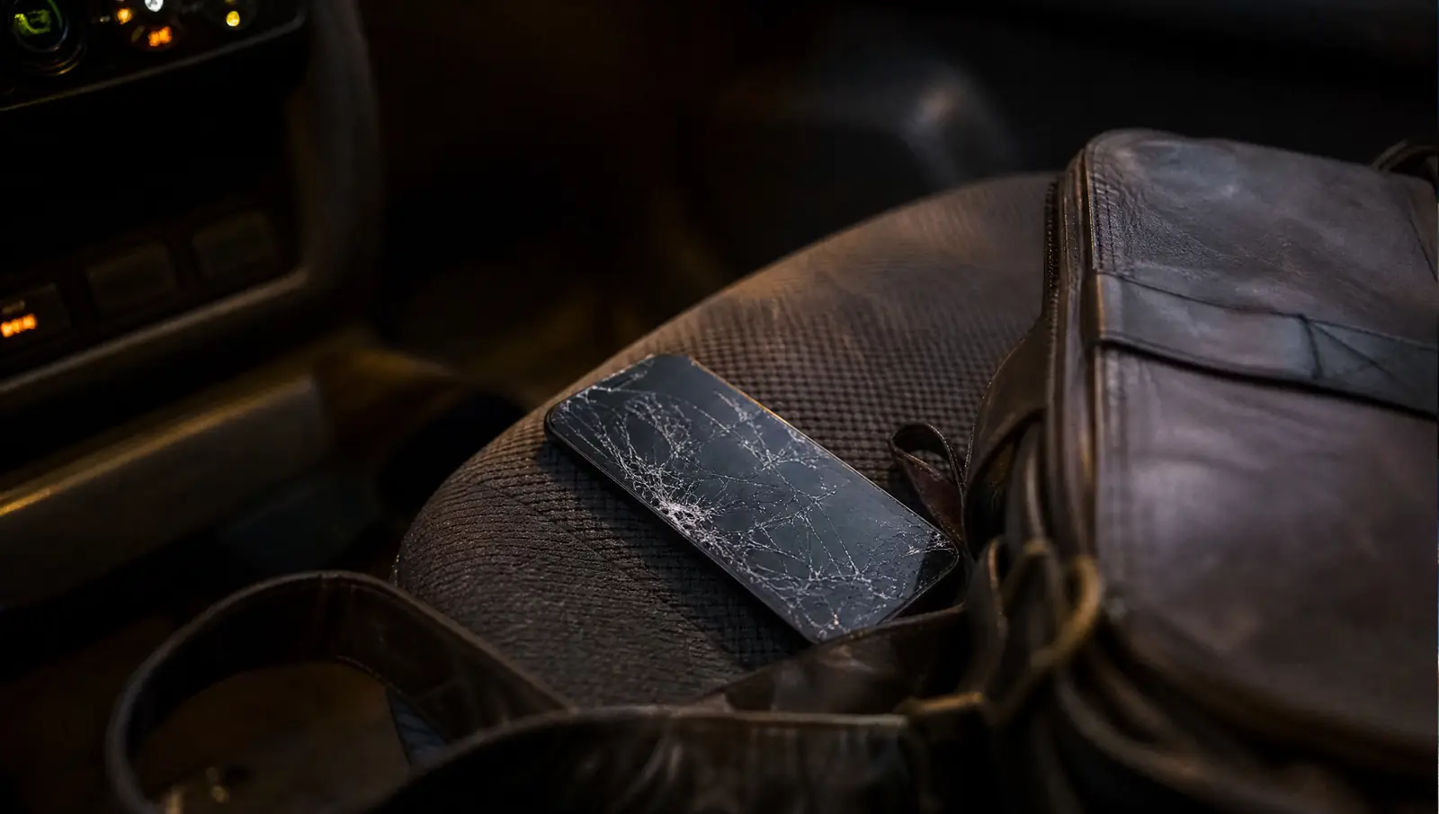 A smartphone with a cracked screen lies on a car seat beside a leather bag in evening light.