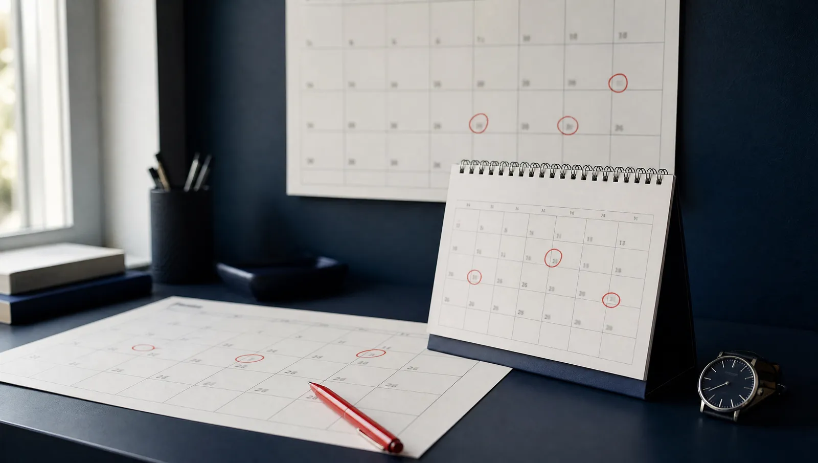 A desk calendar with several dates circled in red ink and a red pen resting on the page