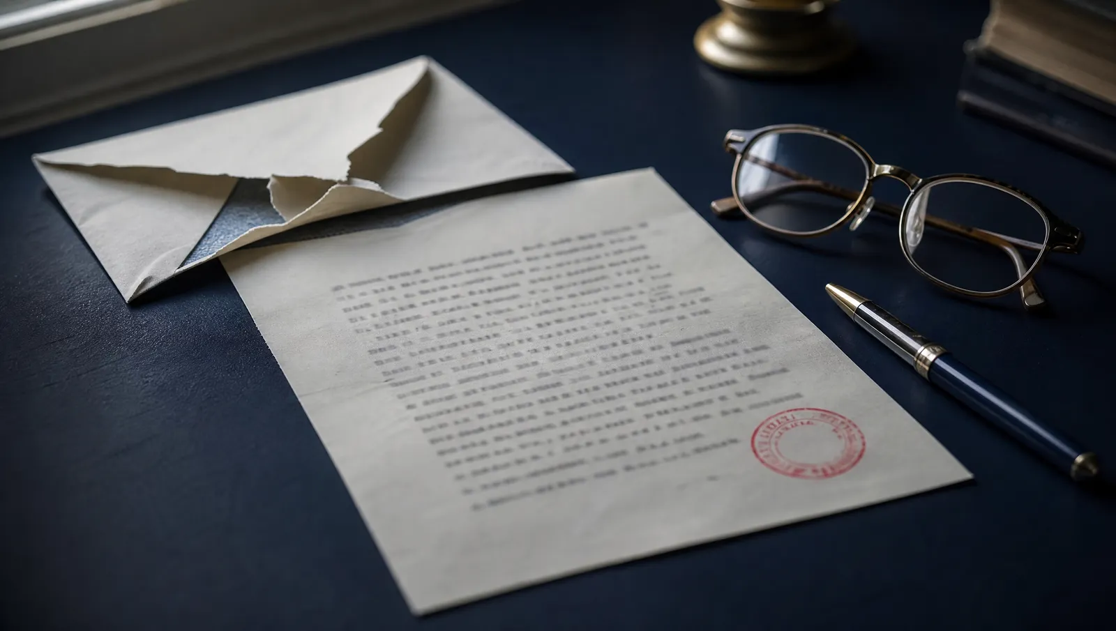 A torn-open envelope and a typed letter with a red stamp mark on a dark desk