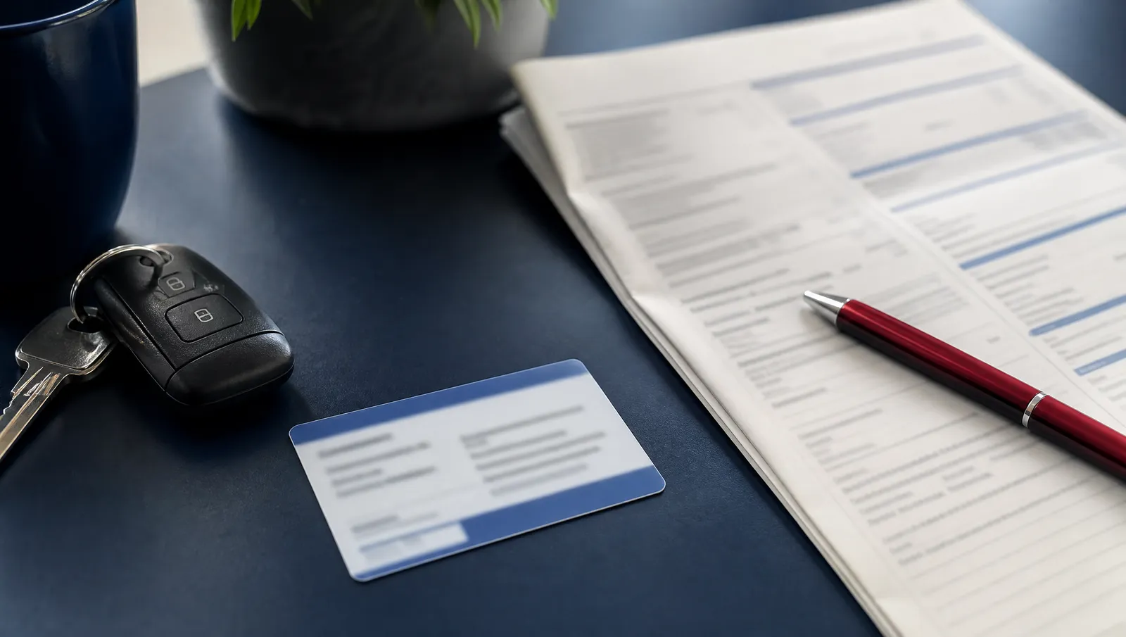 An auto insurance card and a folded declarations page on a dark desk beside a car key