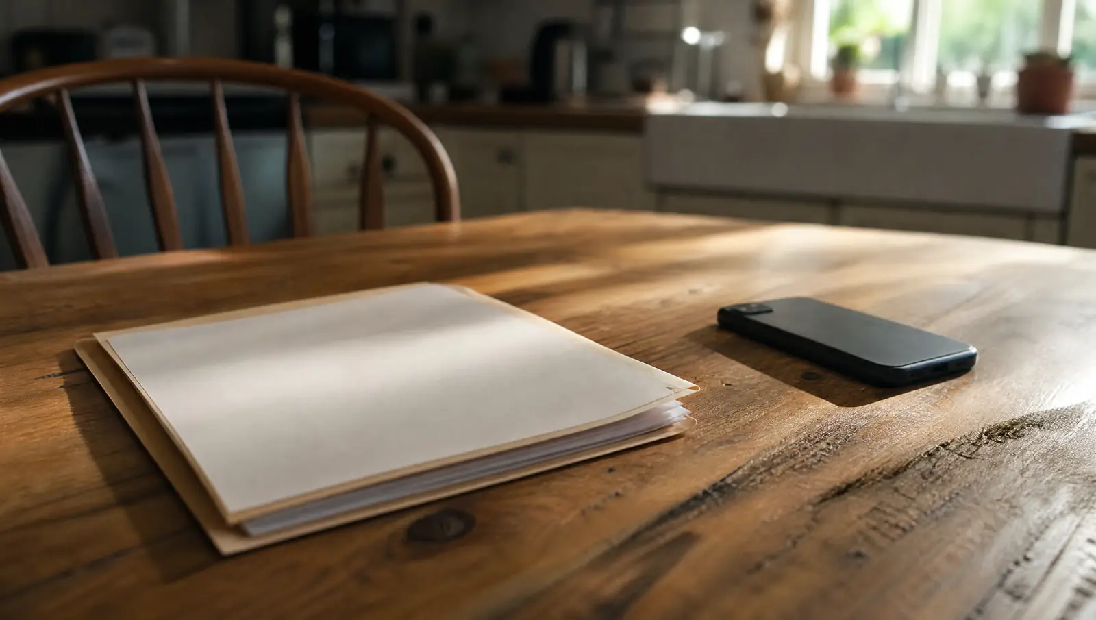 A folder of blank papers and a phone lying face down on a wooden kitchen table in morning light.