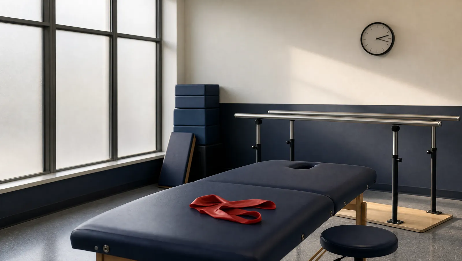 An empty physical therapy room with a treatment table and parallel bars