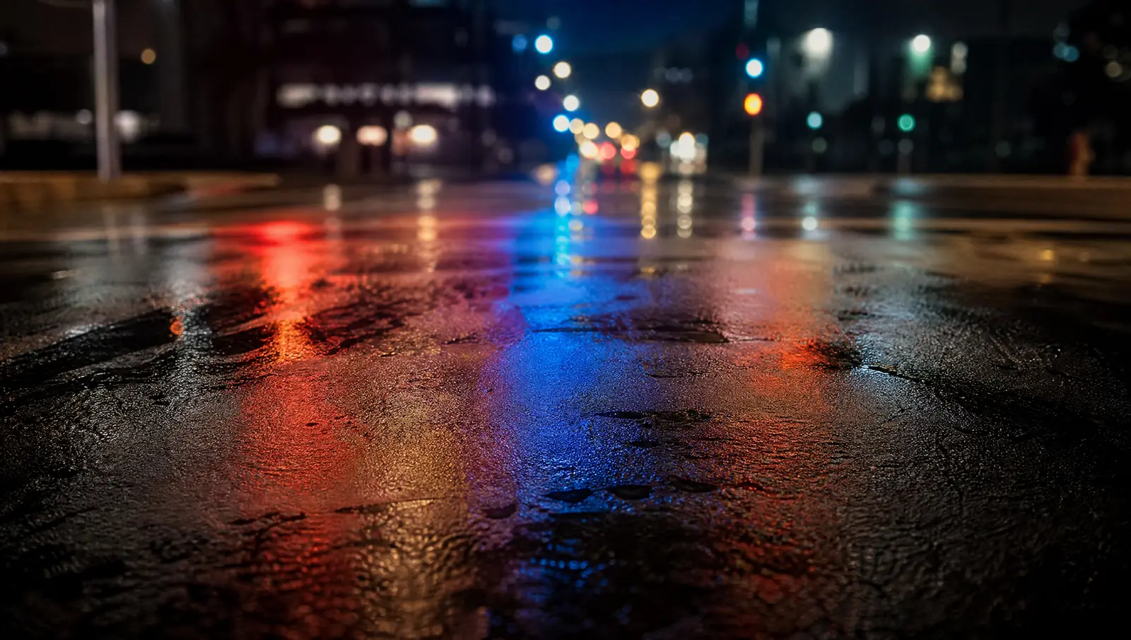 Red and blue emergency lights reflect across a wet Los Angeles street at night.