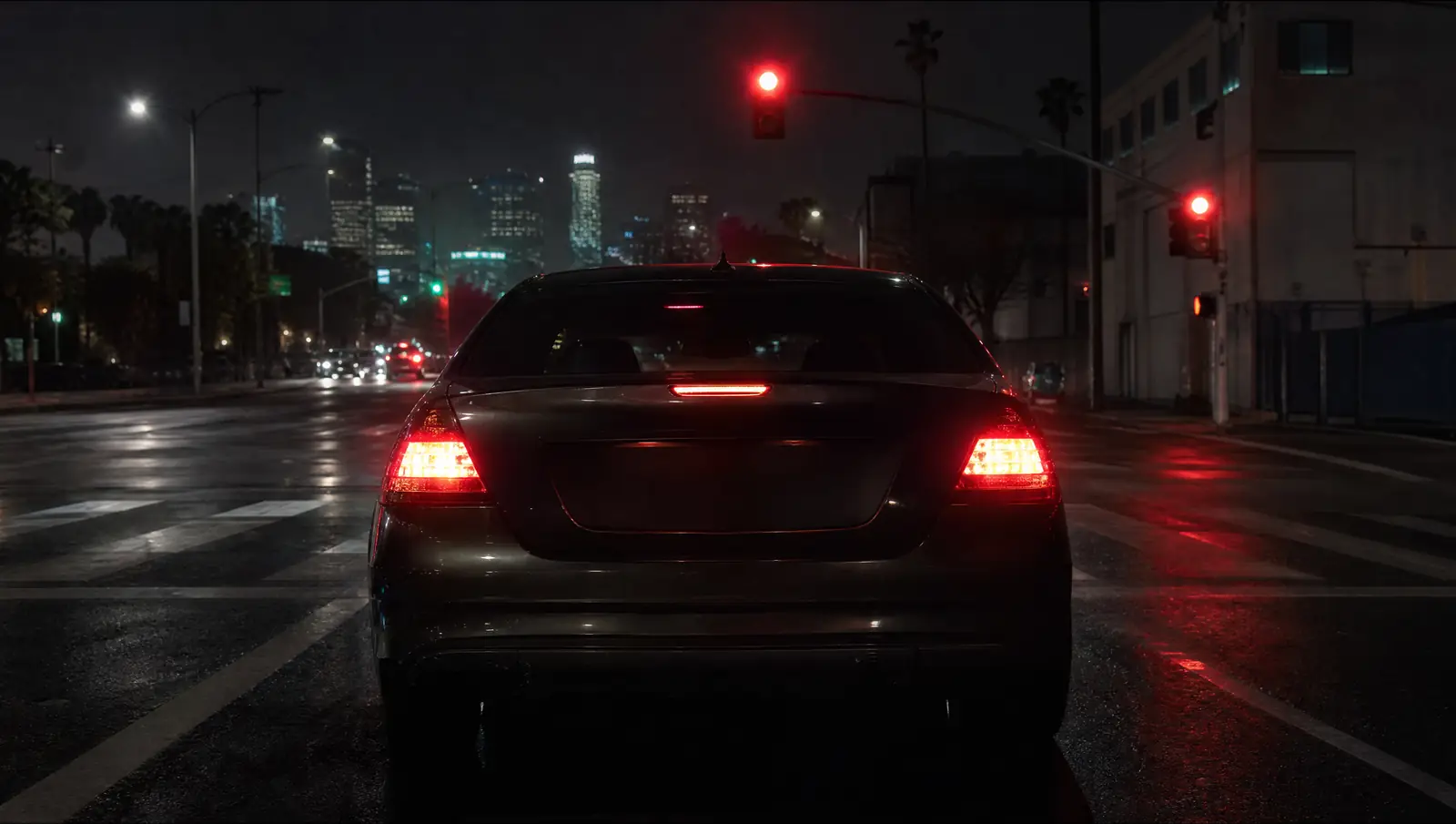 The rear of a dark sedan stopped at a red light on a wet Los Angeles street at night with its tail lights glowing.