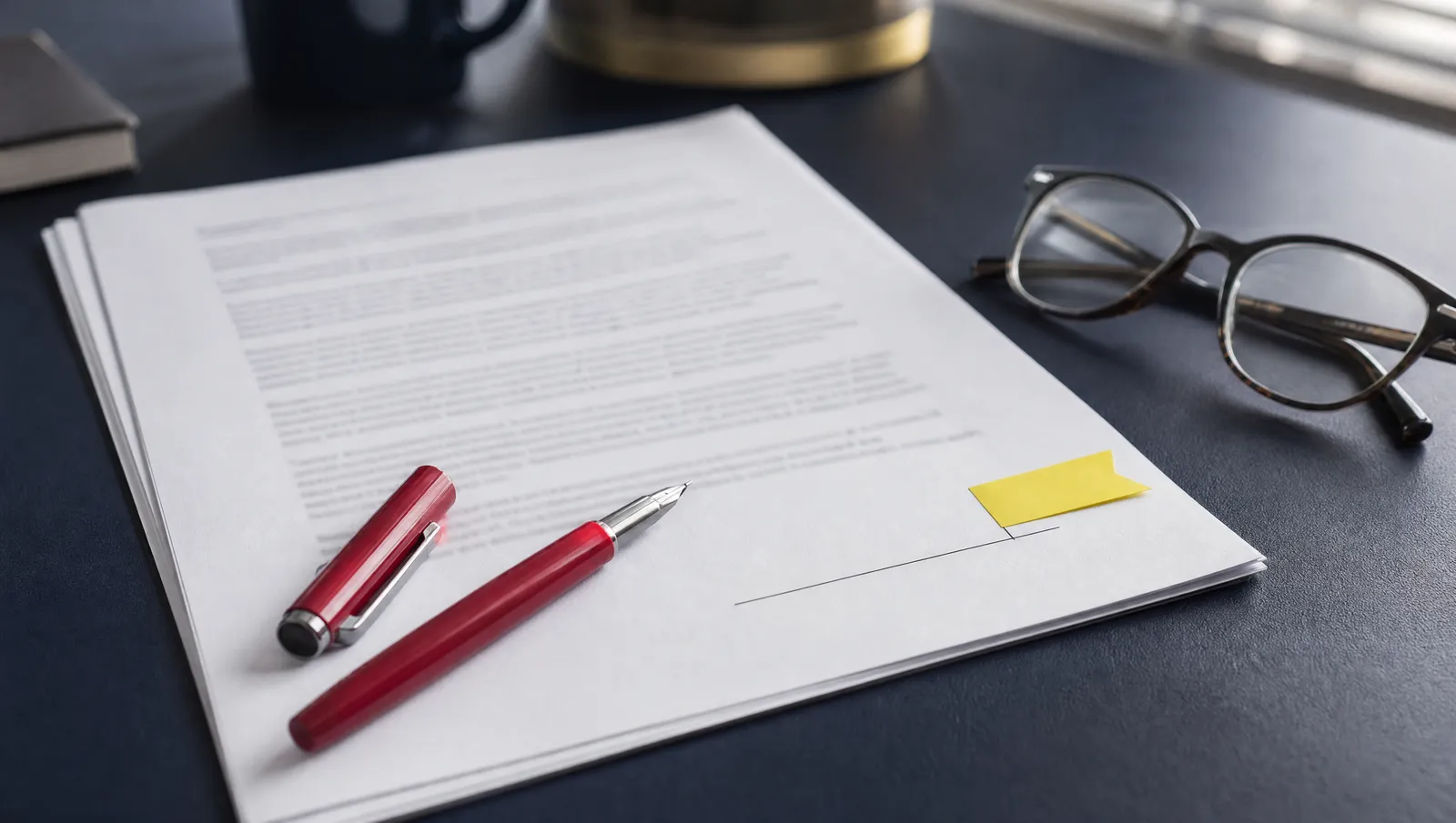 A multi-page legal document with a signature flag and an uncapped red pen lying across it