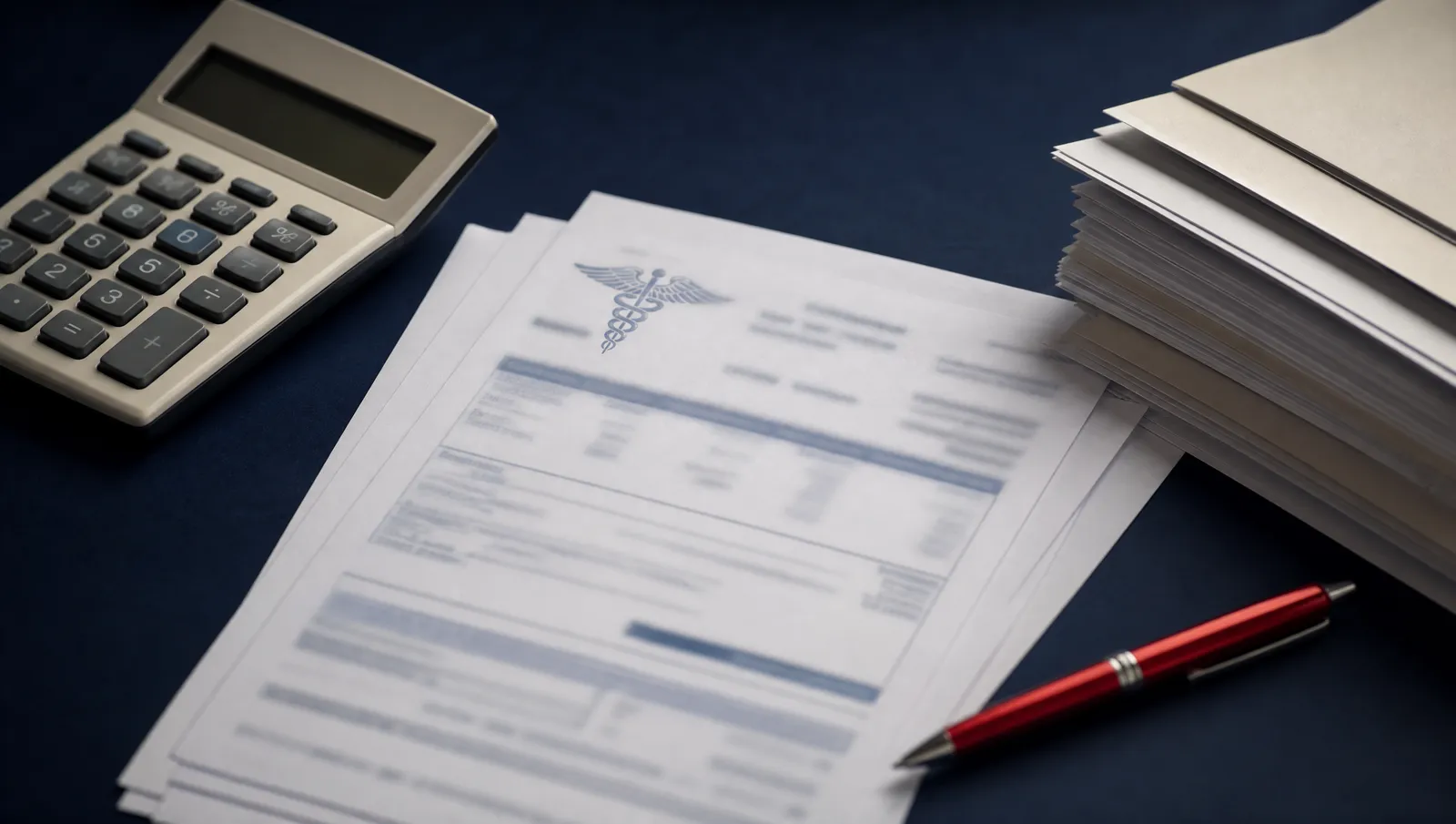 A calculator, a stack of medical invoices, and a red pen on a dark desk seen from above