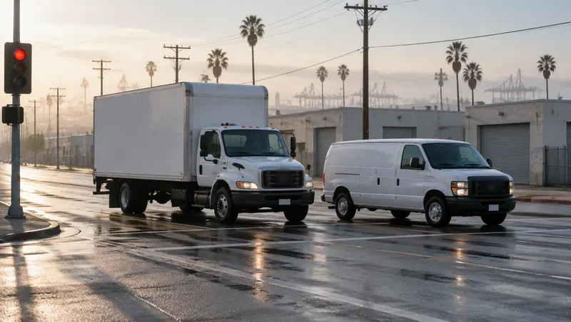 An unmarked white box truck and a white cargo van at a wet intersection in an industrial part of Los Angeles at dawn, with warehouses, palm trees and port cranes in the haze.