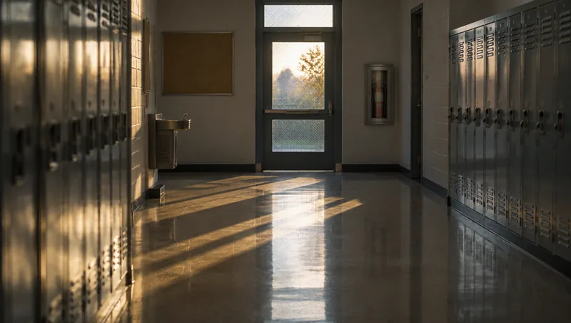 An empty school hallway lined with metal lockers, with late afternoon light coming through the glass door at the far end.