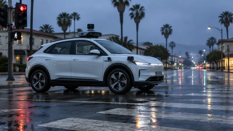 An unbranded white electric SUV with a sensor unit on its roof stops at a wet crosswalk on a Los Angeles street at dusk, with palm trees and a red signal behind it.