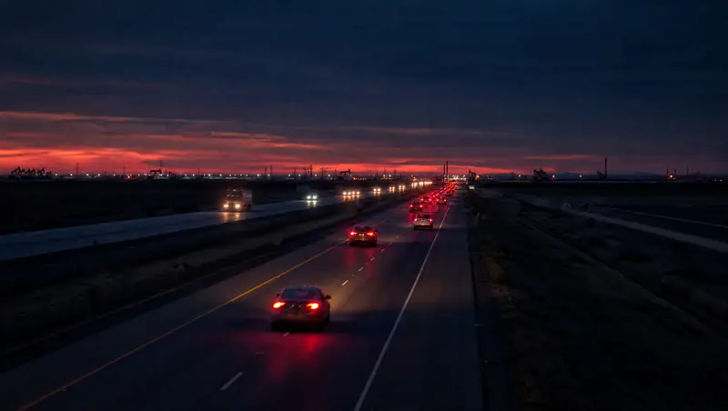 Tail lights trail down Highway 99 through Bakersfield at dusk with oil pumpjacks on the horizon.