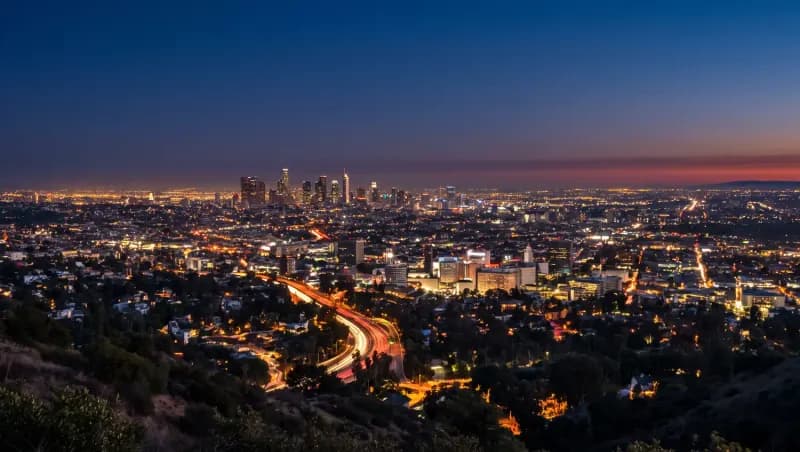 The downtown Los Angeles skyline at dusk