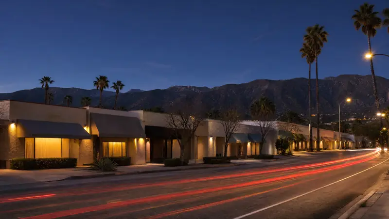 Low stucco storefronts on Ventura Boulevard in Tarzana glow at dusk with tail-light trails in front and the Santa Monica Mountains behind.