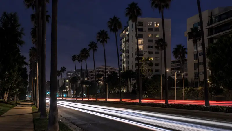 Palm trees and mid-rise towers line Wilshire Boulevard on the Westside at dusk as headlights streak down the road.